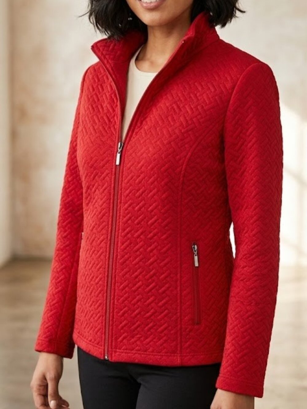 Gallery Petite Size PL Bright Red Geometric Quilted Zip Front Stand CollarJacket